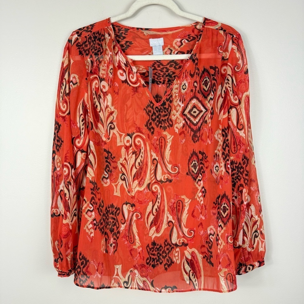Chico's Popover Blouse Tribal Paisley Ikat Top Women 8/10 Red Orange Flame Shirt